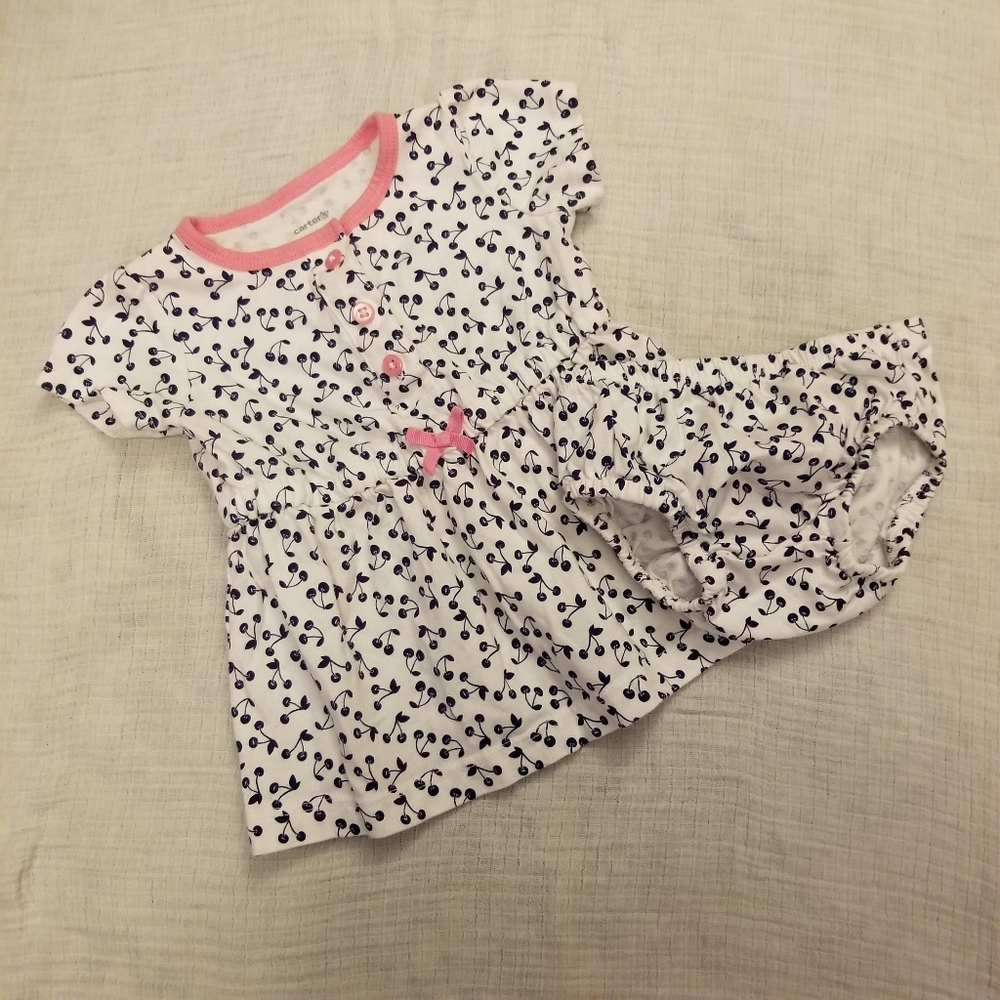 10/$25 Carter's White Navy Cherry Dress w/ Bloomer